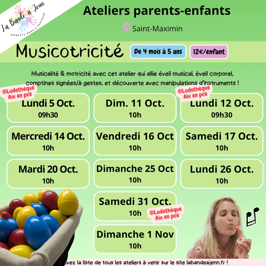 Affiche atelier Musicotricité : éveil musical et corporel, comptines signées et manipulation d'instruments, de 4 mois à 5 ans, 12€