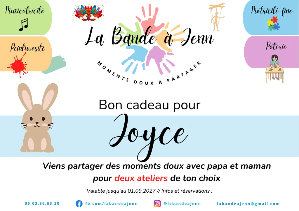 Exemple de bon cadeau La Bande à Jenn pour deux ateliers au choix